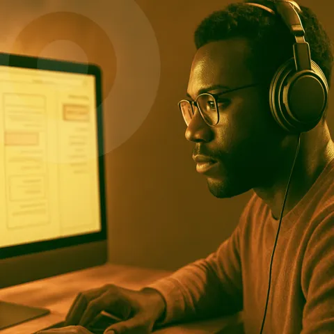 Homem usando óculos de grau e utilizando um computador